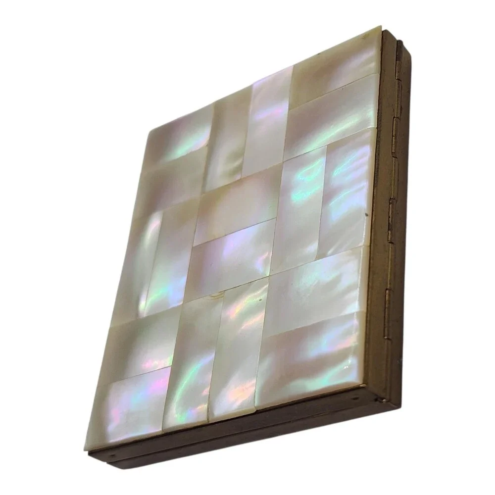 Vintage Mother of Pearl Inlay Powder Compact Basket Weave Gold Tone Mirror